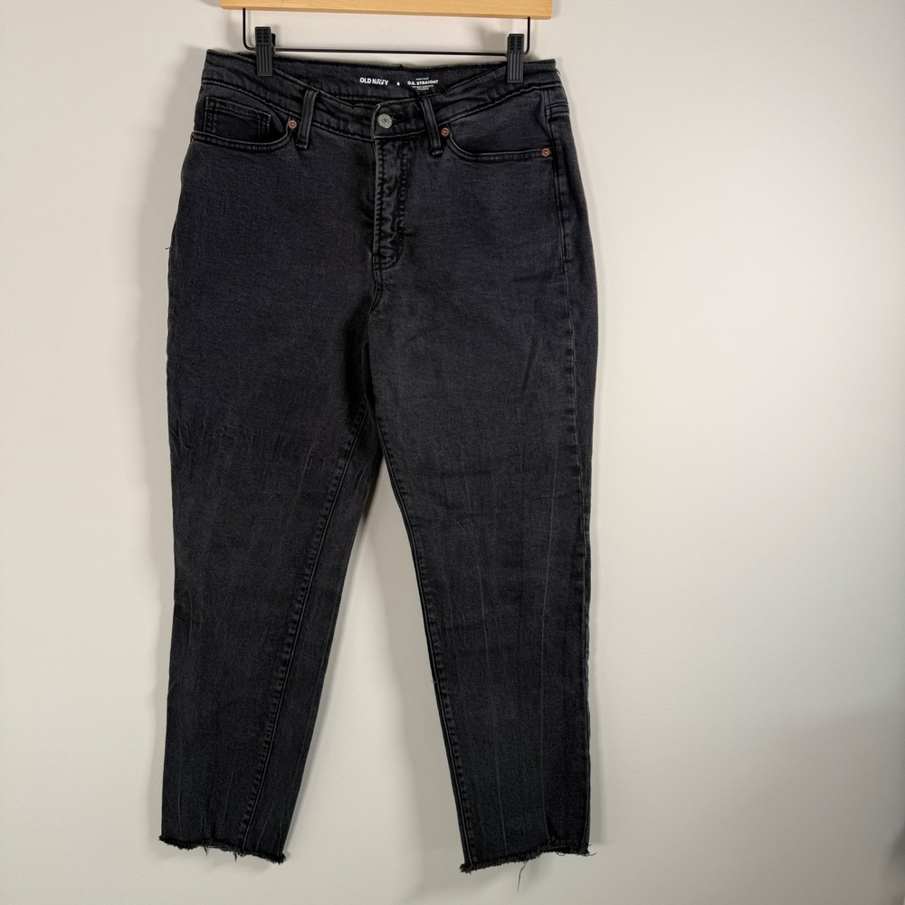 Old Navy O.G. Straight High Rise Raw Hem Ankle Black Denim Jeans Size 8 Classic